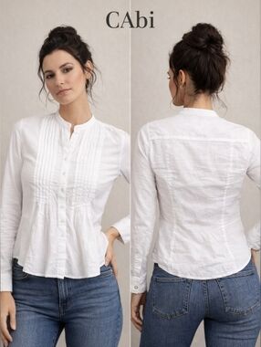 CAbi White Pleated Button Front Blouse Cotton Peplum M